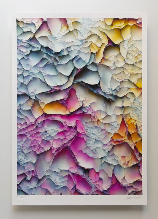Abstract composition reminiscent of a sunset washed fragmented landscape, assembled with torn paper edges layered on top of each other and sutured together with smooth, high contrast, three-dimensional colour gradients. Digital artwork printed on textured fine art paper.
