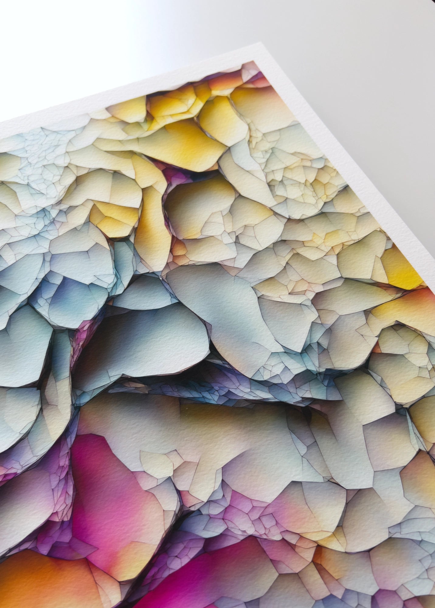 A close up artwork detail of fragmented three-dimensional, rainbow-coloured gradient layers. 