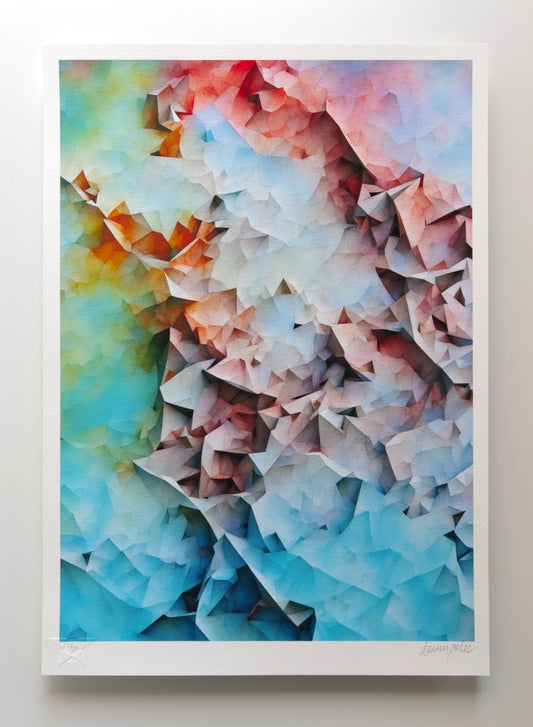 Abstract composition reminiscent of a geometric, pink and purple mountain-like range with deep canyons, emerging from a vast body of cerulean blue water into a light blue skyline above whilst blending into shades of orange and green to the left. Digital artwork printed on textured fine art paper.