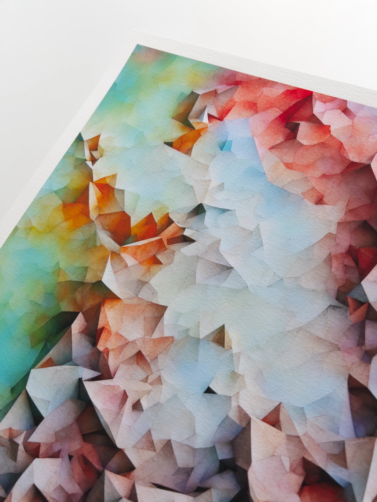 A close up artwork detail of a geometric abstract mountain range appearing through skyline.