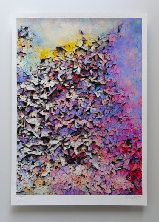 Abstract composition reminiscent of a pastel-coloured, two-dimensional skyline shuttering and collapsing into a three-dimensional realm below it. Digital artwork printed on textured fine art paper.