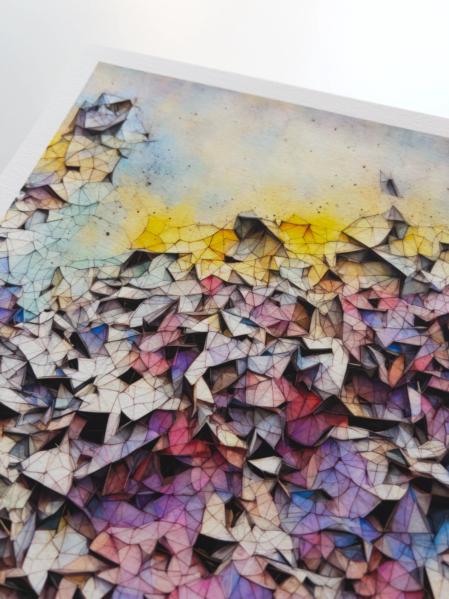 A close up artwork detail of a sunset shattering into a web of pastel-coloured three-dimensional fractals.