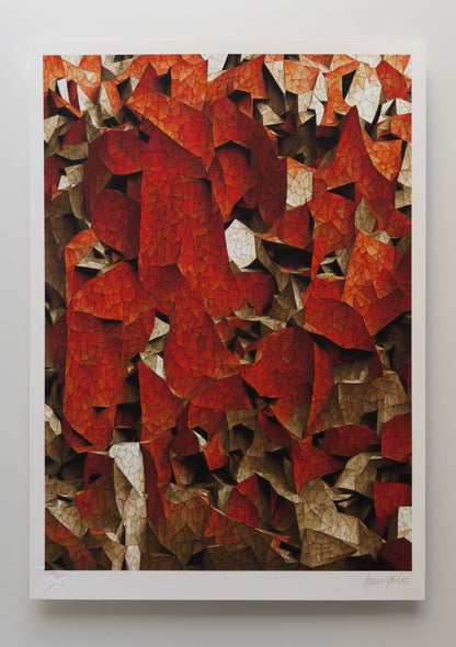 Abstract composition reminiscent of a scales-like organic topology in duotone with red spikes morphing out of, as well as back into, brown geometric structures below with deep, dark shadows .Digital artwork printed on textured fine art paper.