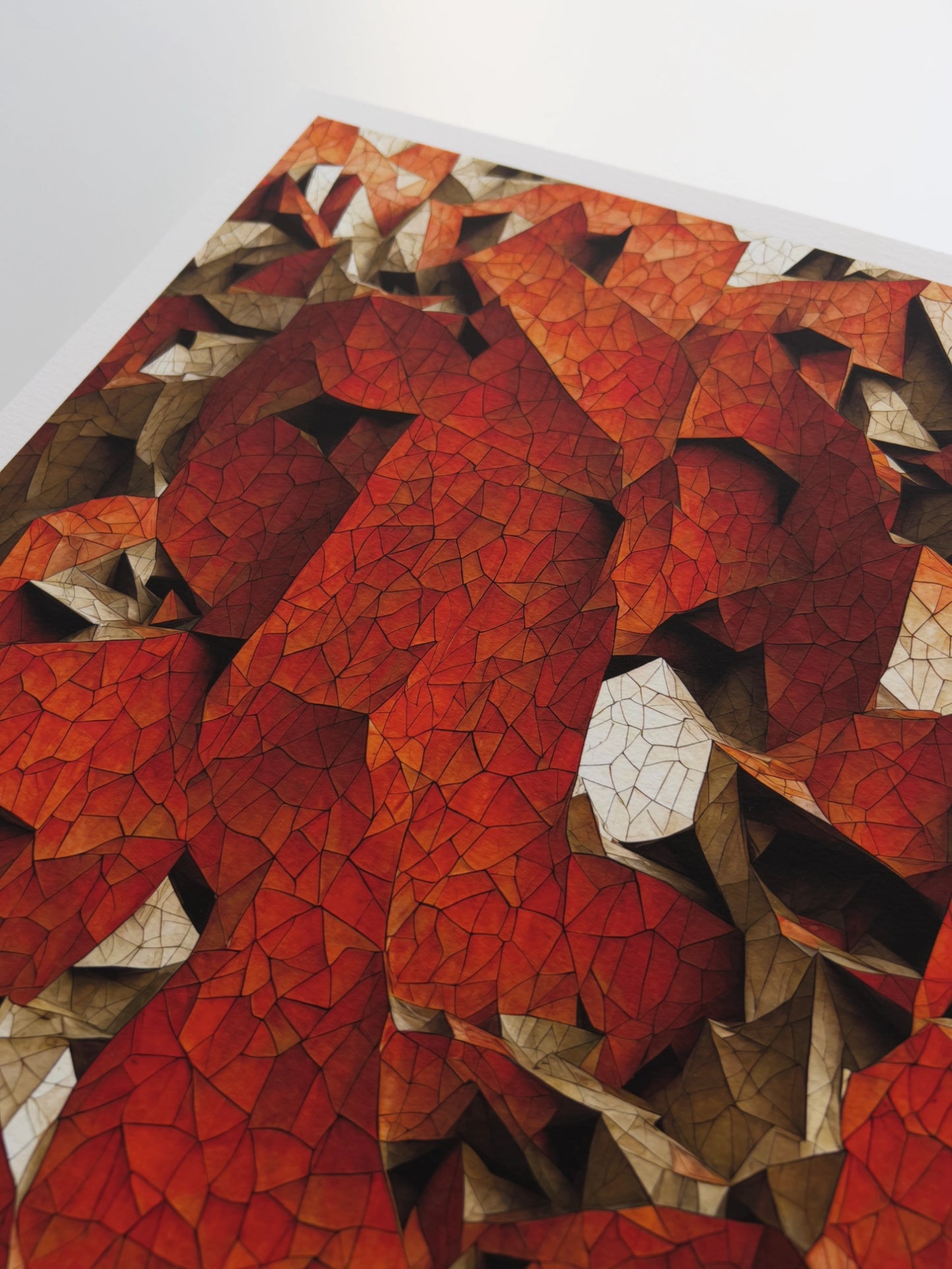 A close up artwork detail of an organic, red scales-like structure ebbing and flowing into brown substrate with deep, dark cavern-like pits.
