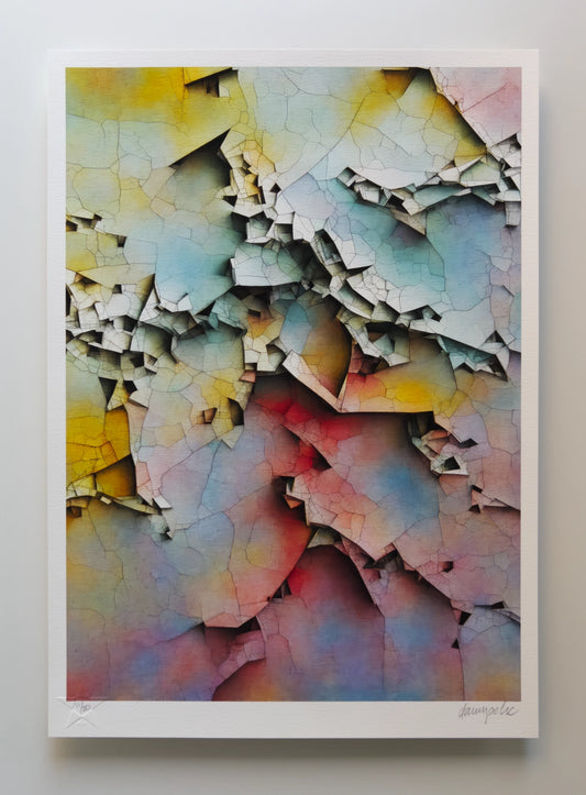 Abstract composition reminiscent of a vast rainbow-coloured rock formation, cracked and broken by multiple faults that seem to be emerging upwards while forming deep canyons and caves below it. The artwork looks like a lush, colourful watercolour in contrast to its arid desert-like appearance. Digital artwork printed on textured fine art paper.