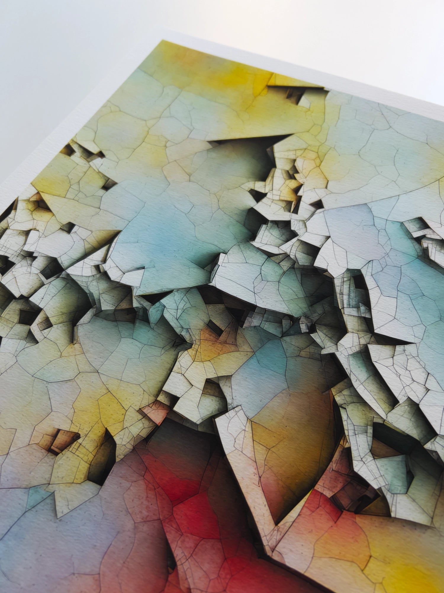 A close up artwork detail of a rainbow-coloured abstract rock formation, broken by multiple faults with visible cracks, throwing dark shadows on the layers below.