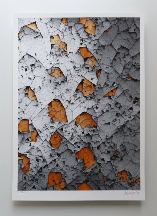 Abstract composition reminiscent of a fractured,  crumbling layer of steel revealing pockets of orange tinted organic scales-like matter below it, with multiple small geometric incisions piercing both layers. Digital artwork printed on textured fine art paper.