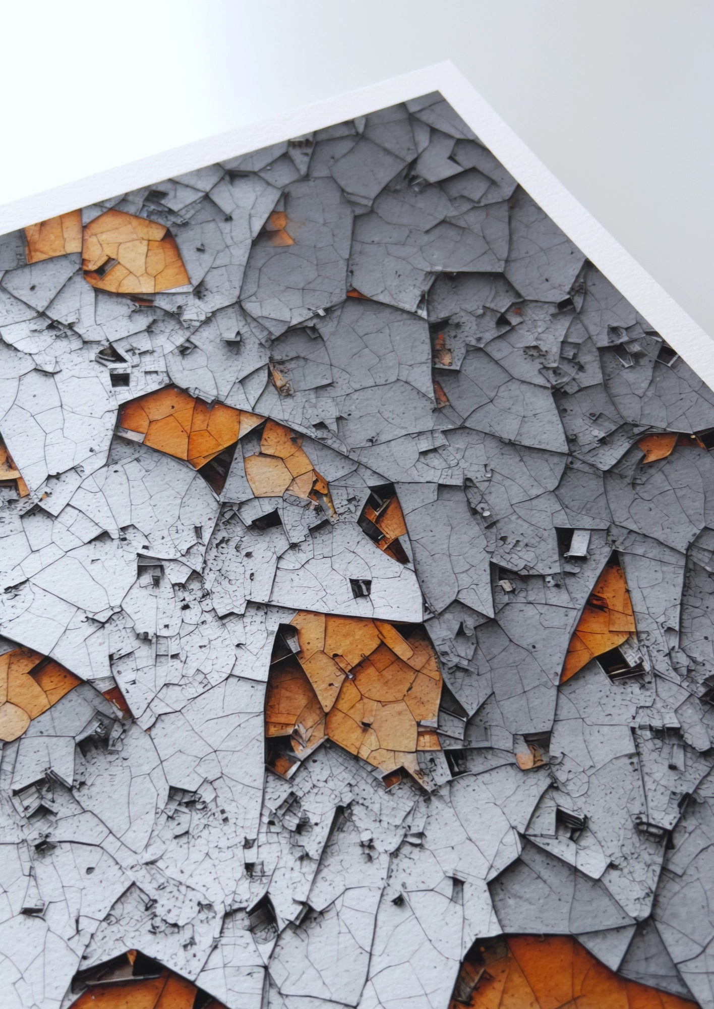 A close up artwork detail of a steel-like structure layered on top of orange tinted pockets of organic material.