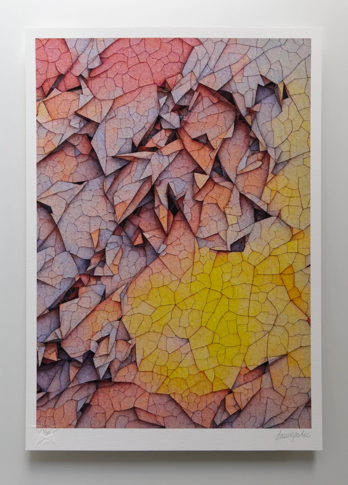Abstract composition reminiscent of a pastel-coloured leaf-like chasm made of layers of geometric venation patterns with a bright, warm sunshine reflection radiating from the lower right corner. Digital artwork printed on textured fine art paper.