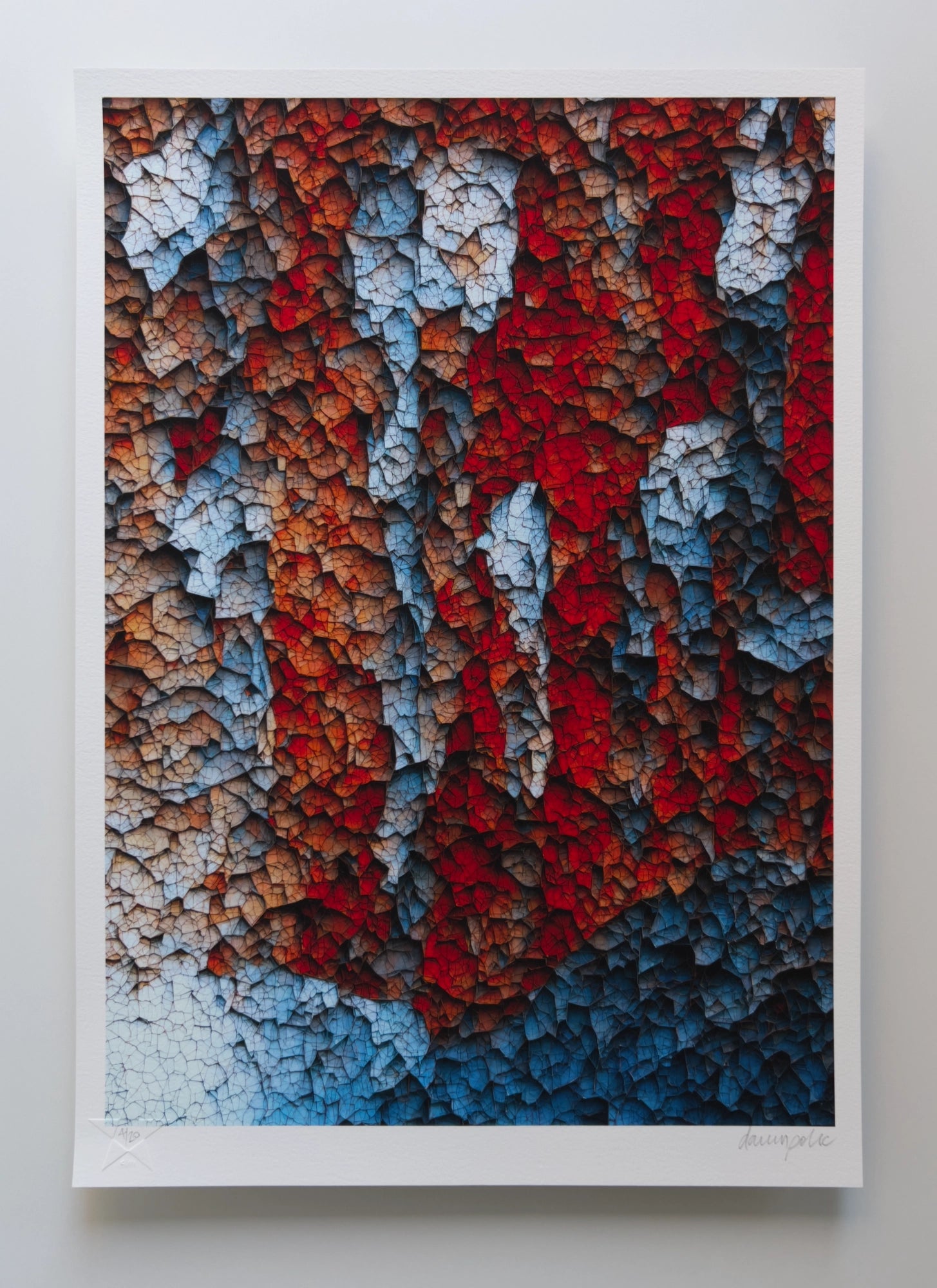 Abstract composition reminiscent of a pulsating, three-dimensional cave waterfall, interspersed with red and blue stalactite-like structures connected by a network of veins. Digital artwork printed on textured fine art paper.