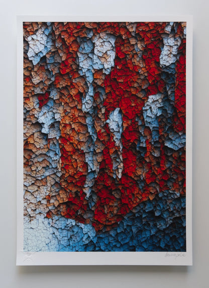 Abstract composition reminiscent of a pulsating, three-dimensional cave waterfall, interspersed with red and blue stalactite-like structures connected by a network of veins. Digital artwork printed on textured fine art paper.
