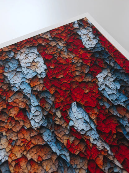 A close up artwork detail of red and blue stalactite-like, three-dimensional structures connected by a network of veins.