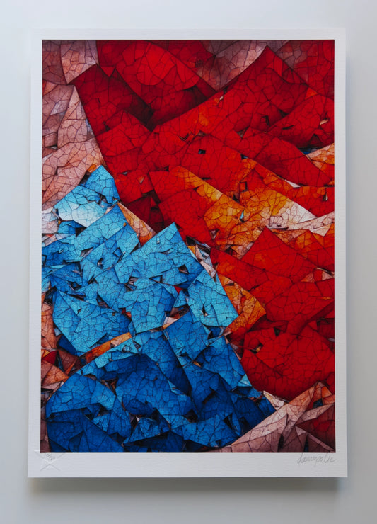 Abstract composition reminiscent of two mountain-like ranges, one in rich deep blue colour and the other of the same intensity but in a vivid red, pushing and pulling diagonally against each other. Digital artwork printed on textured fine art paper.
