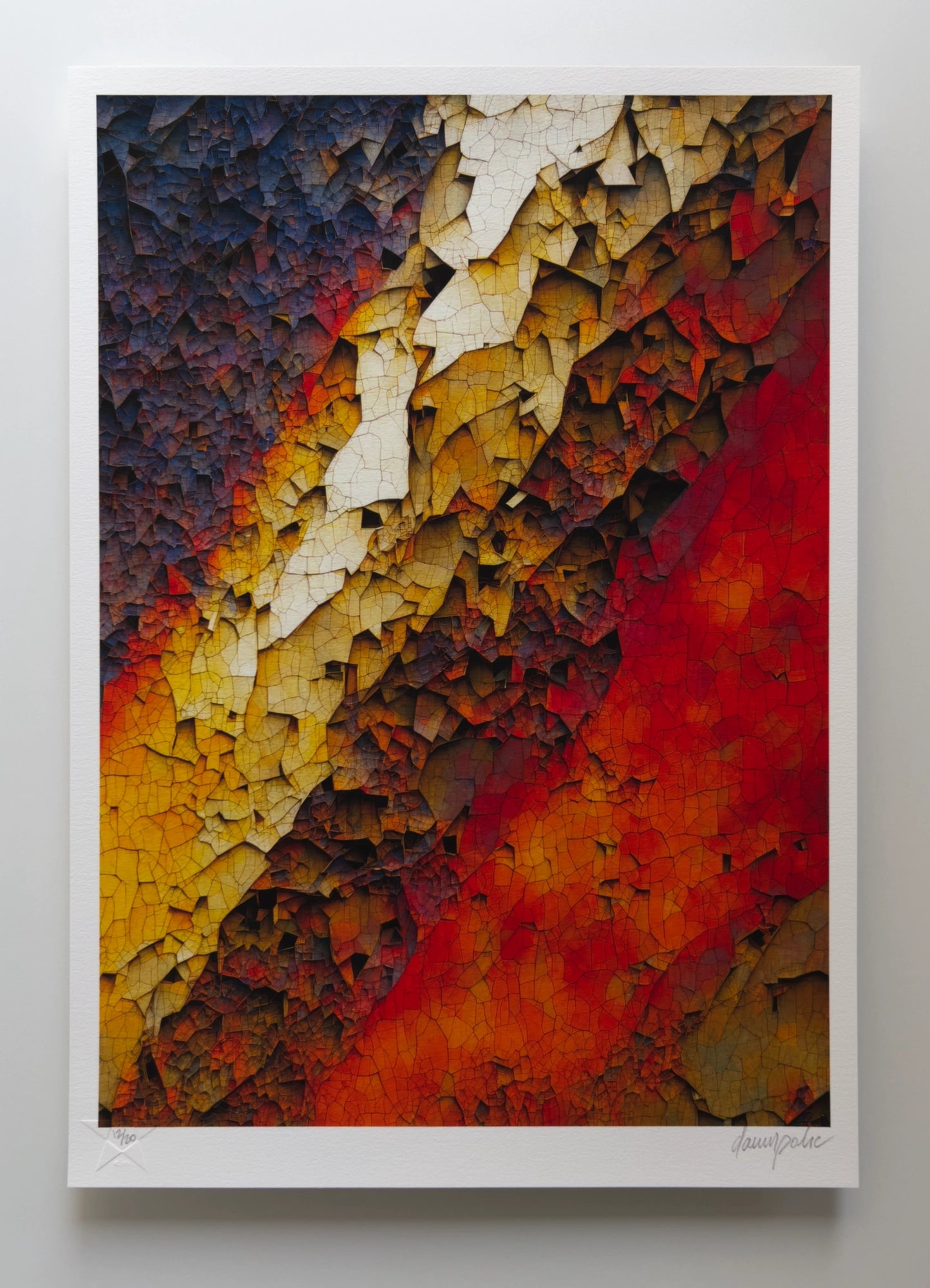 Abstract composition reminiscent of a diagonal autumn-coloured stratum made of six high contrast, three-dimensional layers ranging from the dark blue one in the upper left corner separated by the thin red layer from the ochre layer in the center, leading into brown then deep, rich red and  finally,  back to brown in the lower right side corner. Digital artwork printed on textured fine art paper.