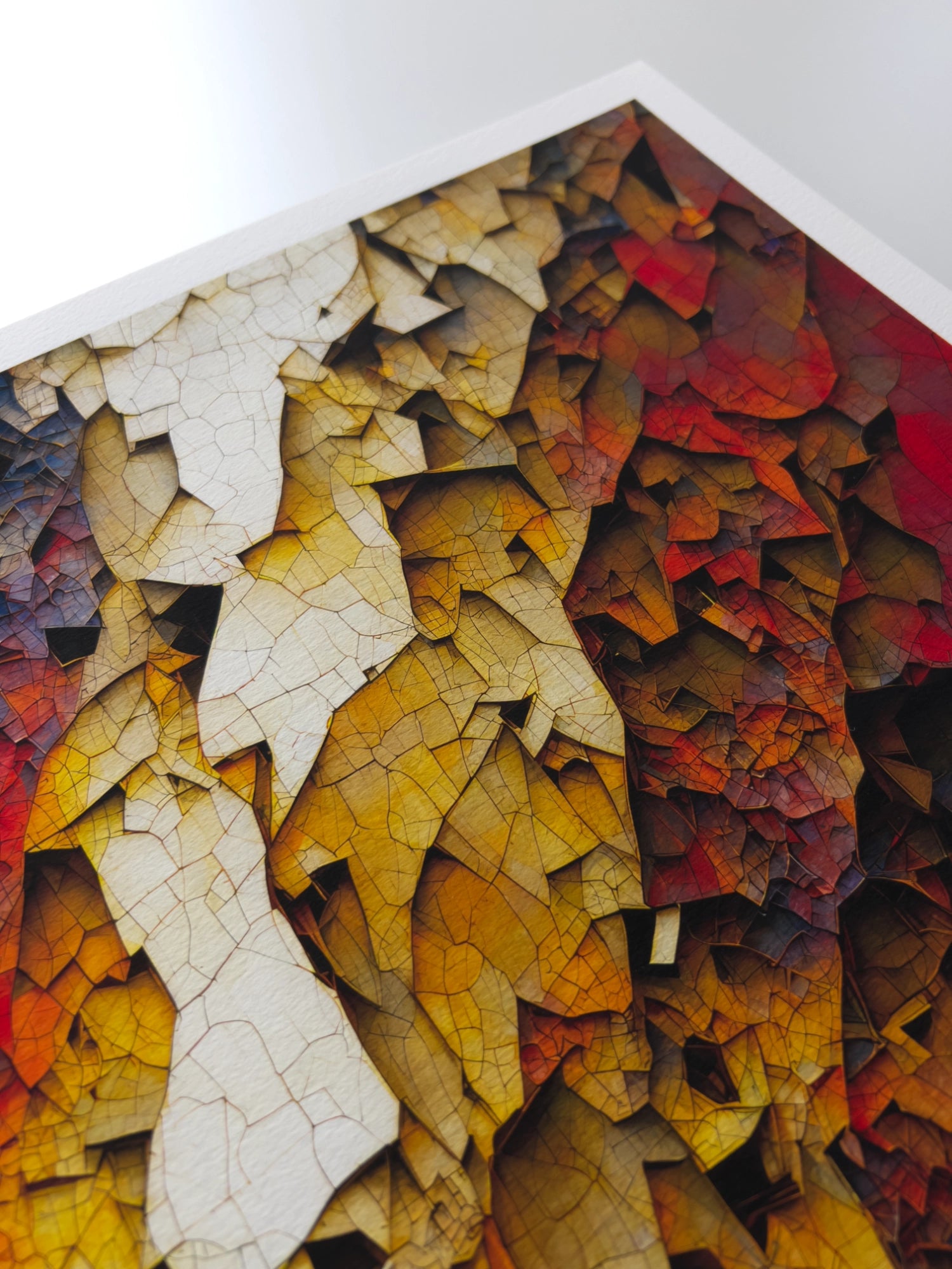 A close up artwork detail of forrest-like autumn-coloured foliage layers.