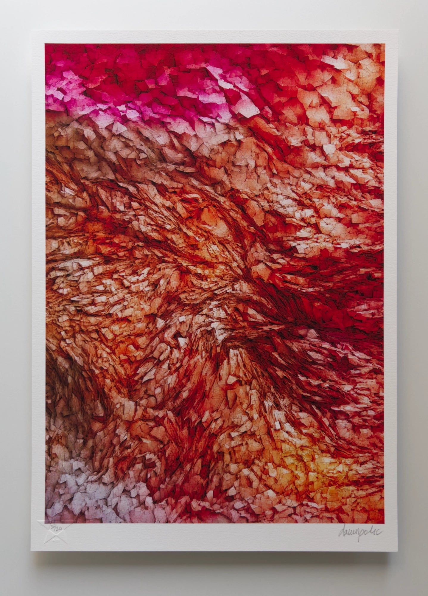 Abstract composition reminiscent of turbulent waves of crystal-like formations in vibrant pink, orange, red, brown and purple swirling, ebbing and flowing. Digital artwork printed on textured fine art paper.ing