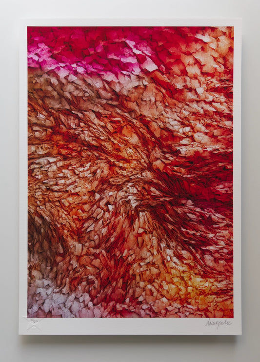 Abstract composition reminiscent of turbulent waves of crystal-like formations in vibrant pink, orange, red, brown and purple swirling, ebbing and flowing. Digital artwork printed on textured fine art paper.ing