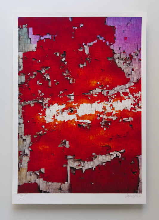 Abstract composition reminiscent of a crumbling cliff-like urban landscape washed in a vivid deep red colour interspersed with layers of concrete and a purple sunset reflection. Digital artwork printed on textured fine art paper.