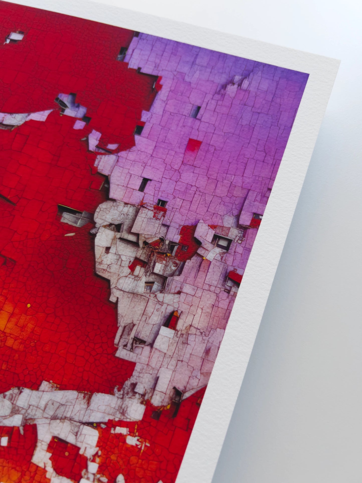 A close up artwork detail of a vertical concrete urban landscape showered with purple evening sun against a deep red background colour.